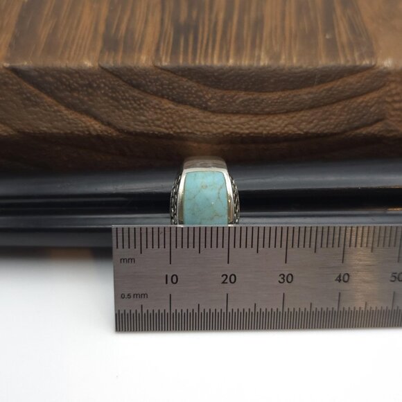 Size 6 Sterling Silver Turquoise Stone With Pattern Ring A1522 - Picture 7 of 8
